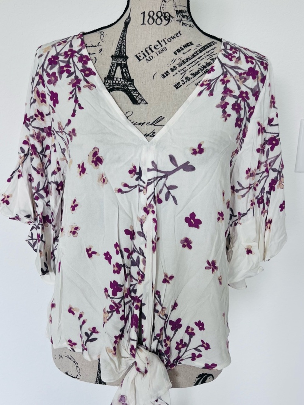 White Blouse with Purple Floral Tie Front Size M